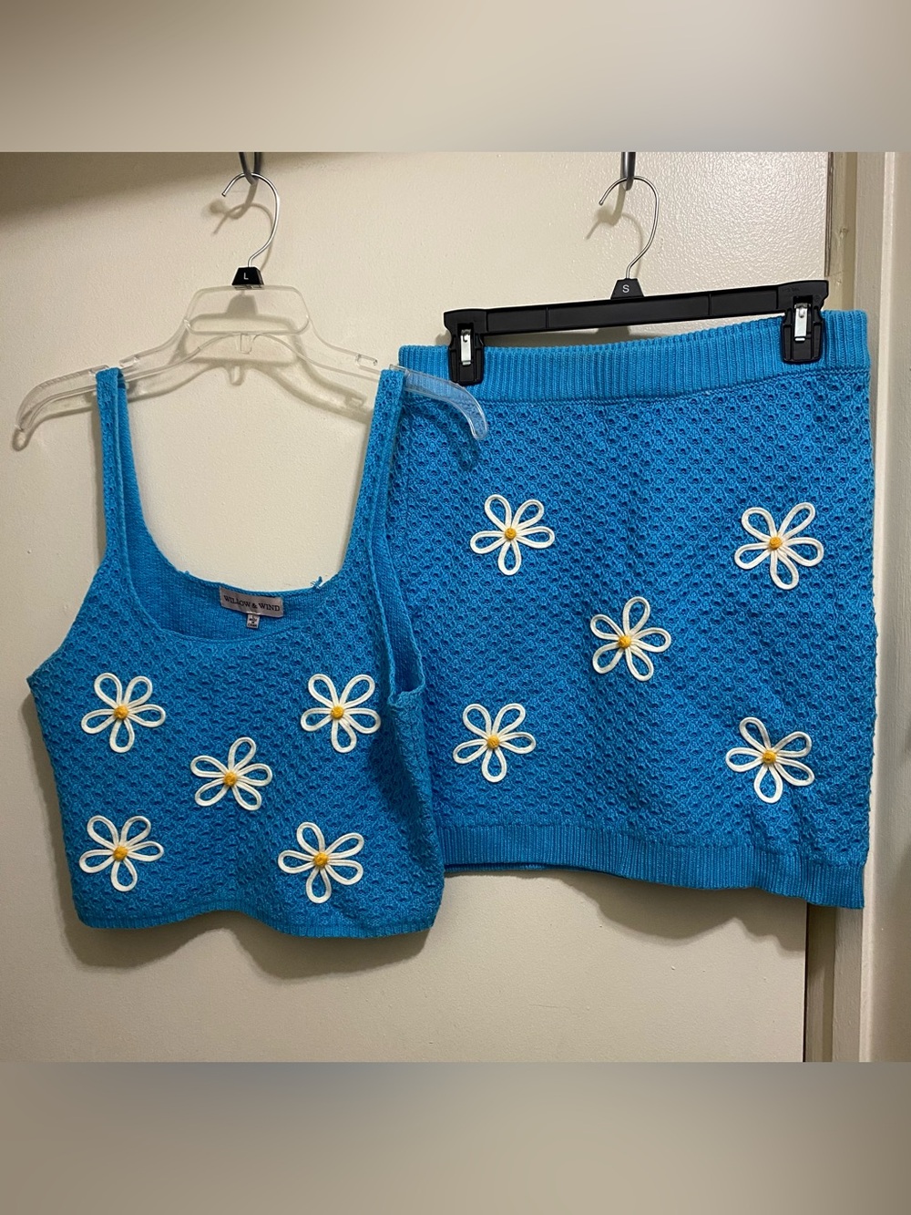 Willow & Wind Womens L Large 2pc Set Blue Knit Skirt Tank Top Flowers Cottage